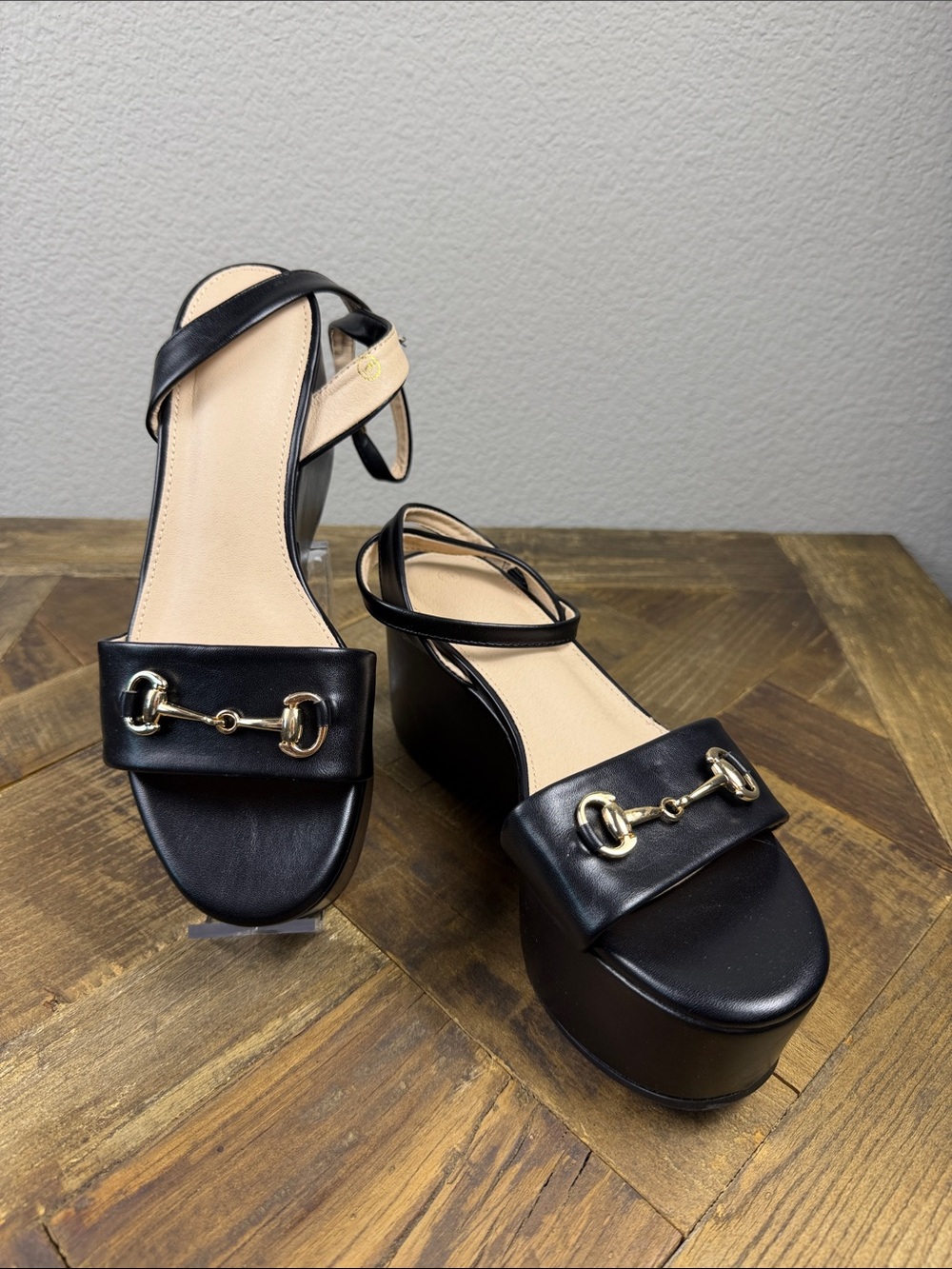 Size 6 ZBY Black Platform Sandals with Gold Bit Accent